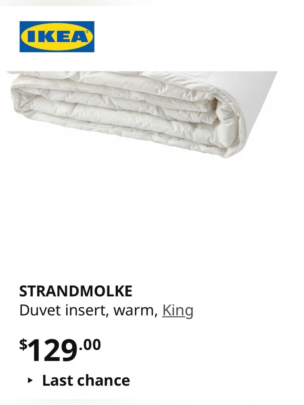 IKEA White Premium Cotton Comforter/Duvet Insert. King 102x86”.Soft & Cushy. EC